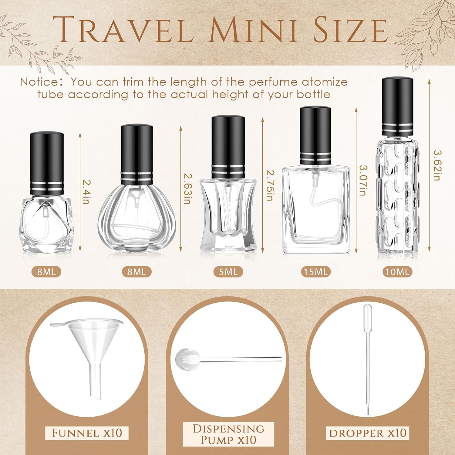 Domensi 30 Pack 5ml/8ml/10ml/15ml Perfume Bottles Empty Kit, Vintage Glass Perfume Travel Refillable Bottles, Mini Leak-proof Refillable Atomizer Spray Kit for Wedding Gifts(Black) - Image 2