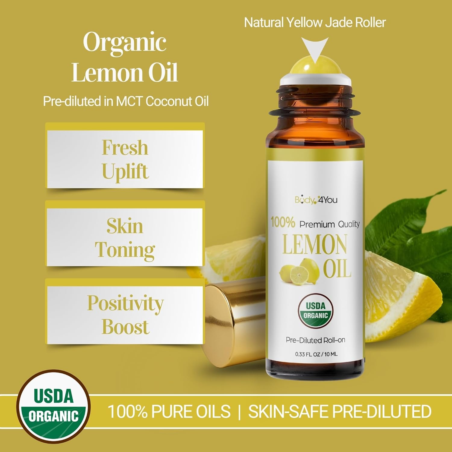 Lemon Essential Oil Roll On for Energy Mood Uplift Anxiety Relief - 100% Pure USDA Organic MCT Coconut Oil - Mental Clarity Focus Positivity Citrus Scent Perfume - Gemstone Roller 10ml Travel Size - Image 2