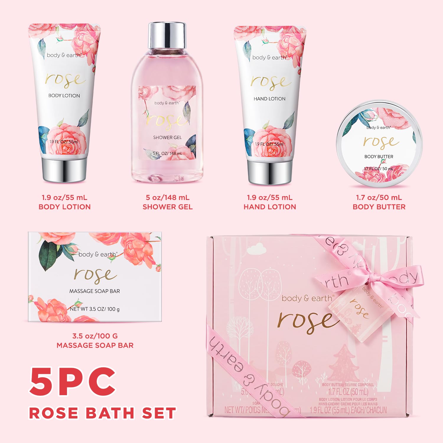 BODY & EARTH Spa Gift Set for Women - Luxurious 5 Pcs Bath and Body Box, Rose Scent, Includes Body Wash, Body Butter, Body Lotion and More, Birthday Mothers Day Gifts for Mom Self Care Kit for Her - Image 2