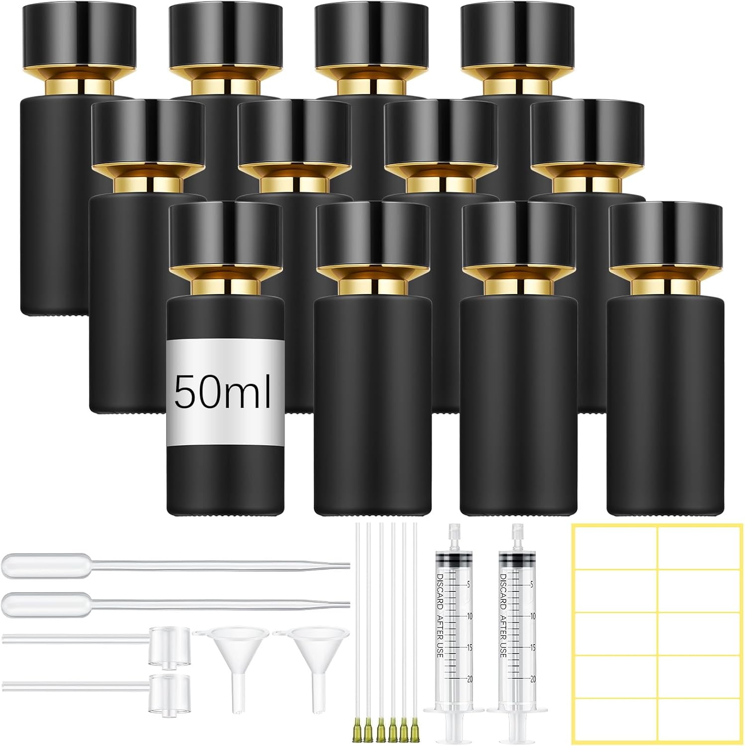 Teenyyou 12 Pack 50 ml Glass Perfume Bottles and Refill Tools Set, Travel Perfume Atomizer Spray Bottles, Portable Empty Refillable Atomizer Decanters with Dispenser Transfer Kit (Black)