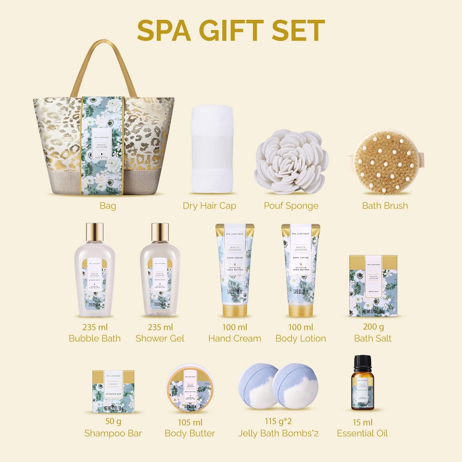 Spa Luxetique Gifts for Women 15pcs White Jasmine Gift Baskets for Women Luxury Relaxing Spa Kit with Tote Bag Birthday Gifts for Mom Friend Sister Wife Grandma Mothers Day Gift for Her - Image 2