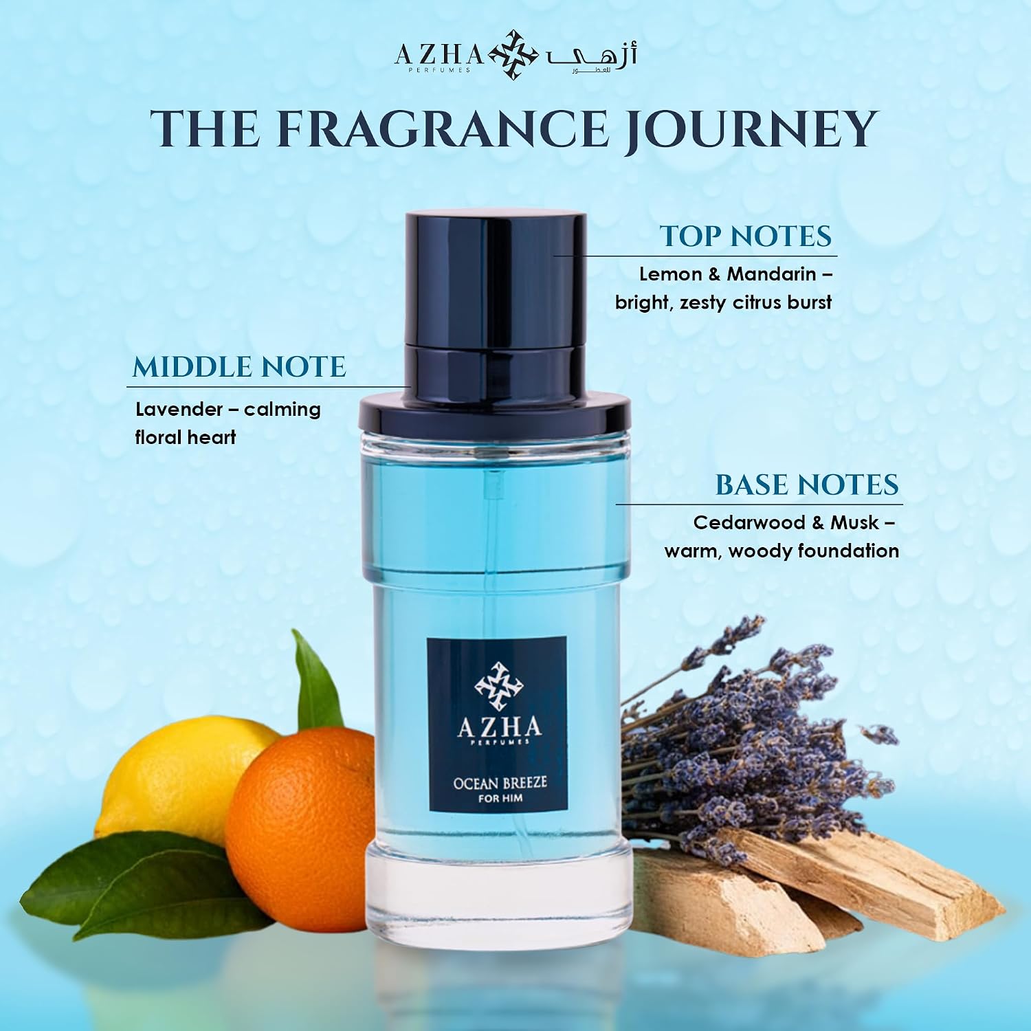 Azha Ocean Breeze - Fresh, Aquatic, Citrus, Woody - Eau de Parfum Long-Lasting Summer Fragrance for Men, 3.4 Fl Oz / 100 ml - Image 3