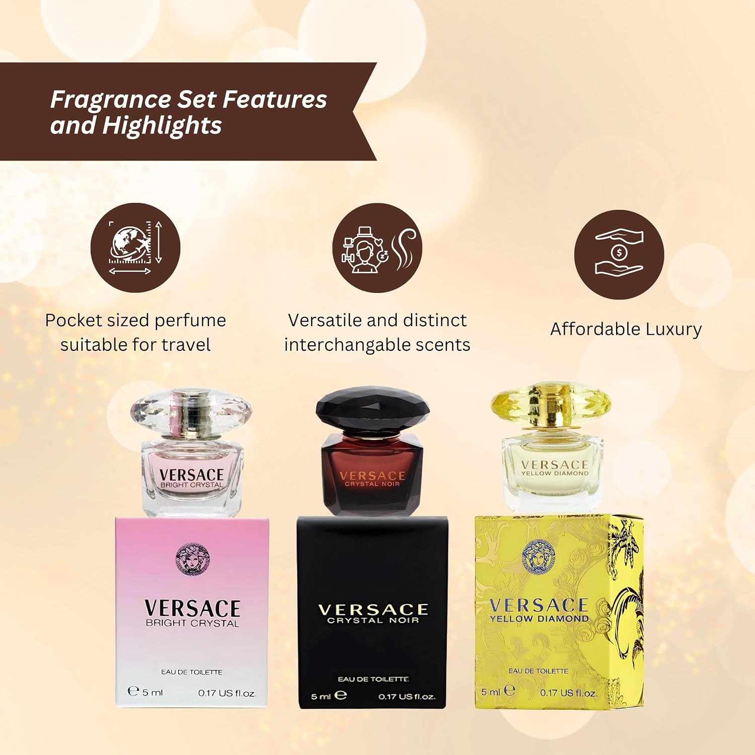Versace Perfume for Women Variety 3-Piece Mini Gift Set – Yellow Diamond, Crystal Noir, Bright Crystal - Image 3