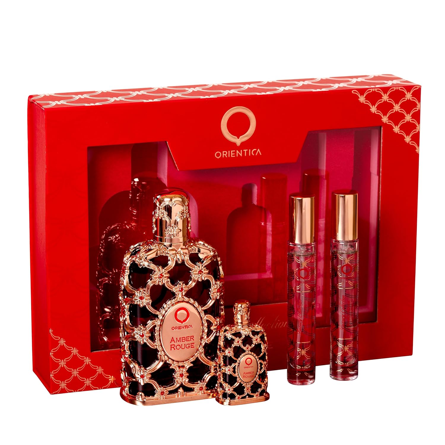Orientica Luxury Amber Rouge 4 Pc Perfume Gift Set - Notes of Amber Saffron, Jasmine & Orange - Woody, Floral Arabic Perfumes for Women & Men - Perfumes Arabes de Mujer y Hombres - Image 3