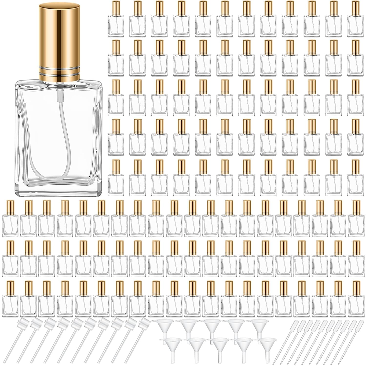 Domensi 60 Pcs 10/15/30/50 ml Glass Square Perfume Bottles Mini Glass Empty Spray Atomizer Bottles Bulk Refillable Perfume Dispenser Container with Pump Tool for Travel (15 ml,Gold)