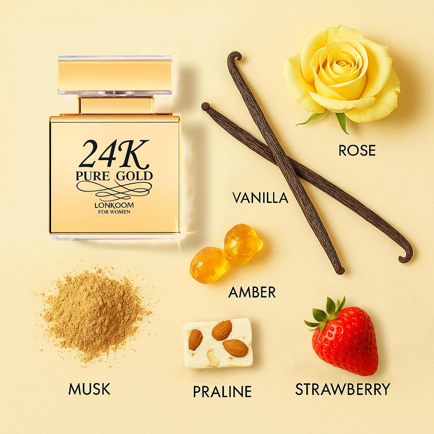 Lonkoom 24K Pure Gold Perfume for Women, Sweet Vanilla Perfumes Long Lasting Fragrance Eau de Parfum Praline Amber Fruity Strawberry Rose Musk Chocolate Notes, 3.4 Fl Oz - Image 2