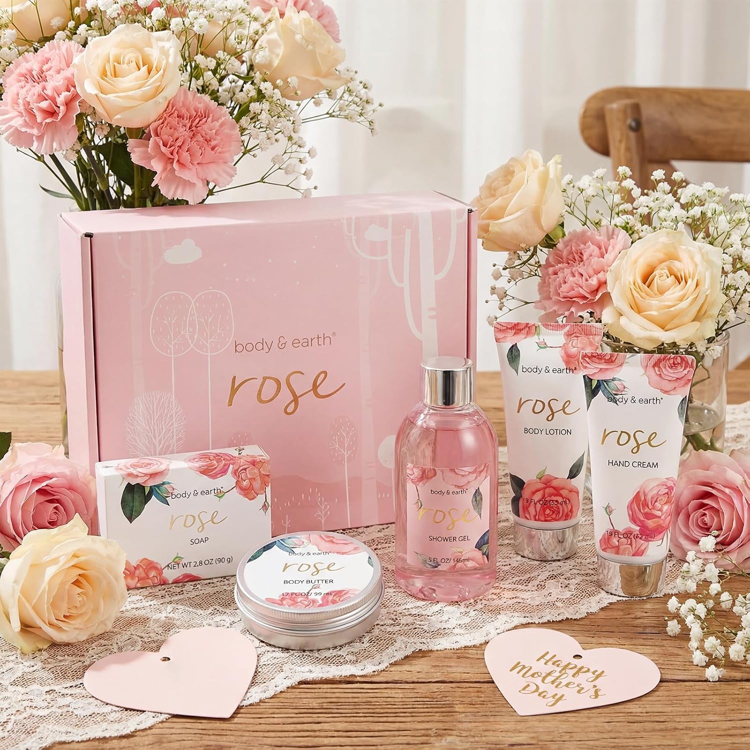 BODY & EARTH Spa Gift Set for Women - Luxurious 5 Pcs Bath and Body Box, Rose Scent, Includes Body Wash, Body Butter, Body Lotion and More, Birthday Mothers Day Gifts for Mom Self Care Kit for Her - Image 9