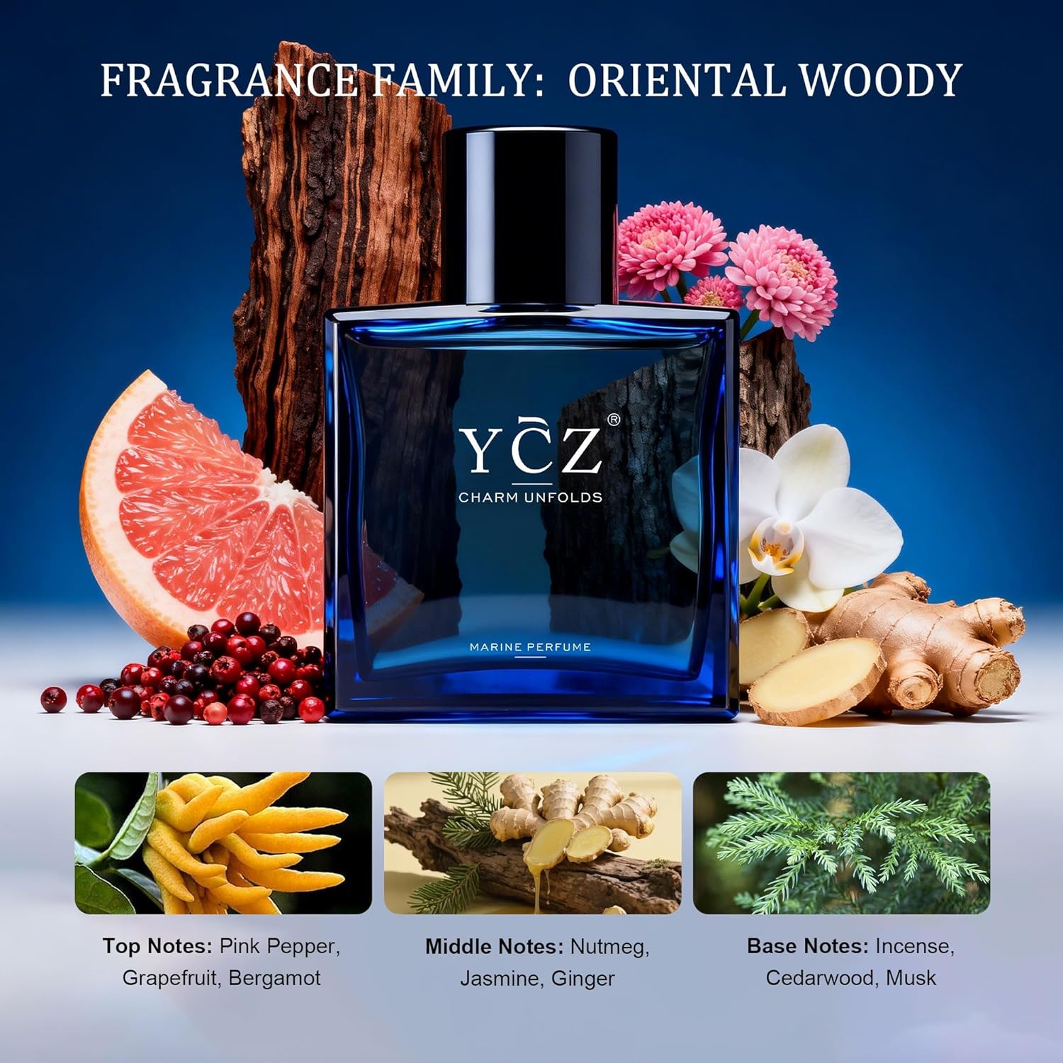 Ycz Midnight Marine Eau de Parfum for Men, 1.7 Fl Oz (50 mL), Long-Lasting Cologne, Fresh Marine & Woody Fragrance with Grapefruit, Ginger and Cedar Notes for Daily Wear, Date Night and Gifts - Image 2