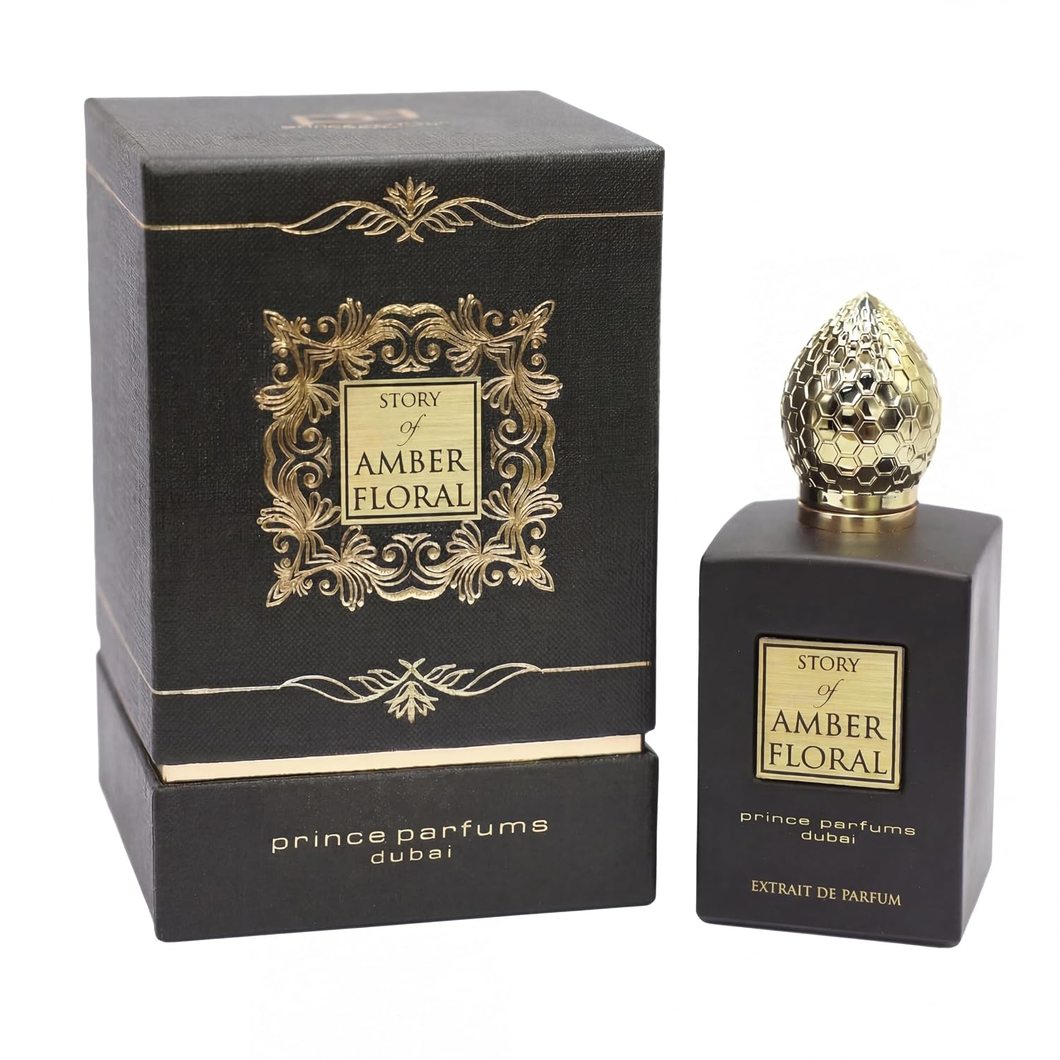 The Story of Amber Floral by Prince Parfums Dubai - 3.4 Ounces Women's Extrait de Parfum - Enchanting Essence of White Florals, Jasmine, & Bulgarian Rose - Luxurious Vanilla & Sandalwood Symphony