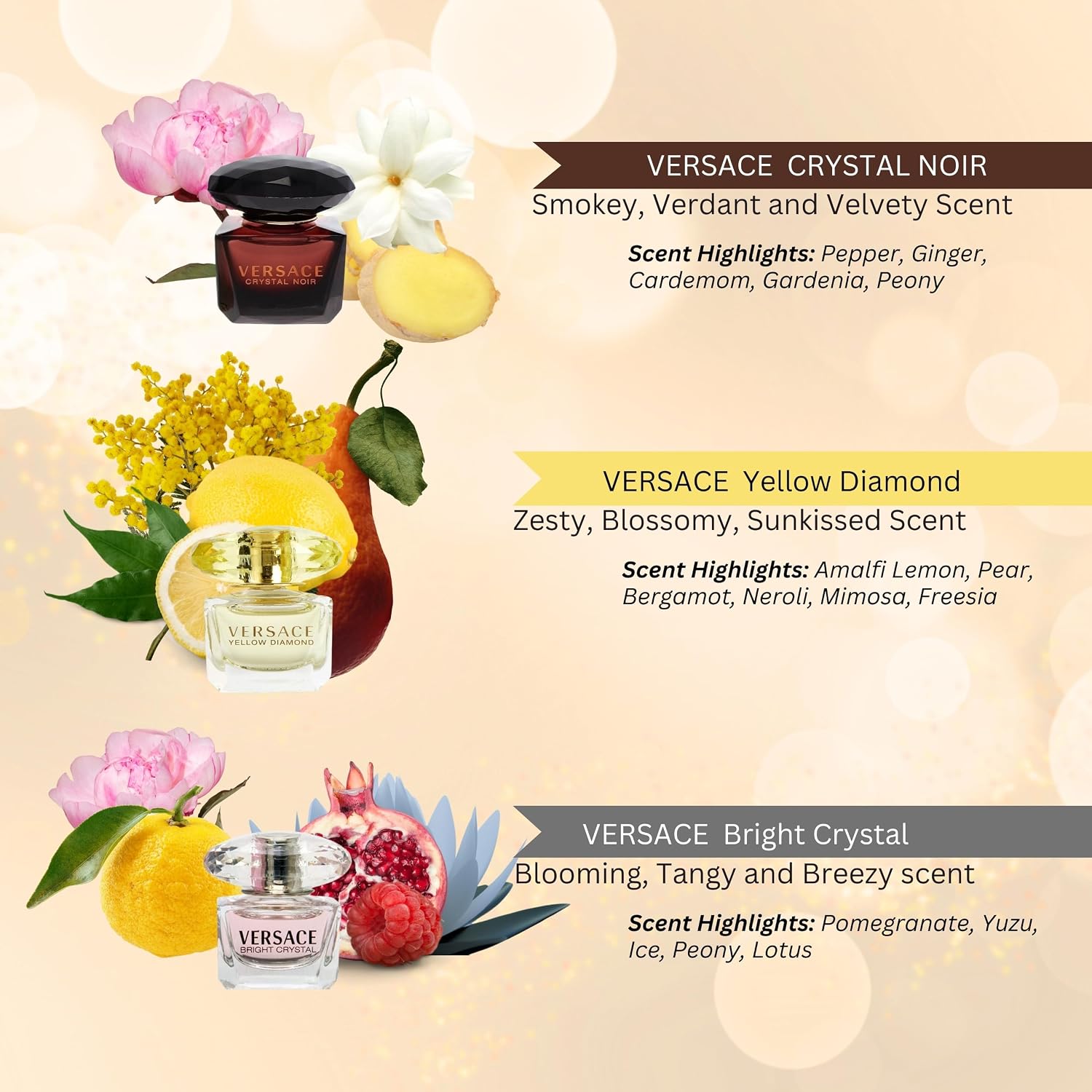 Versace Perfume for Women Variety 3-Piece Mini Gift Set – Yellow Diamond, Crystal Noir, Bright Crystal - Image 2