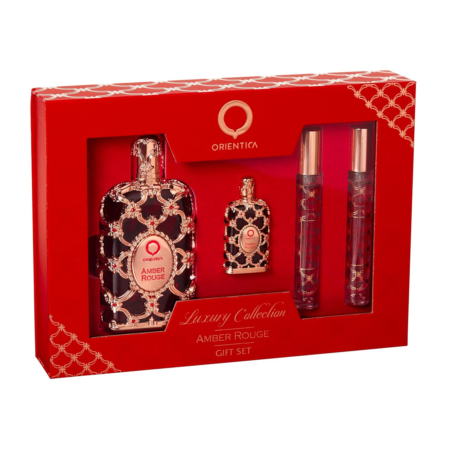 Orientica Luxury Amber Rouge 4 Pc Perfume Gift Set - Notes of Amber Saffron, Jasmine & Orange - Woody, Floral Arabic Perfumes for Women & Men - Perfumes Arabes de Mujer y Hombres