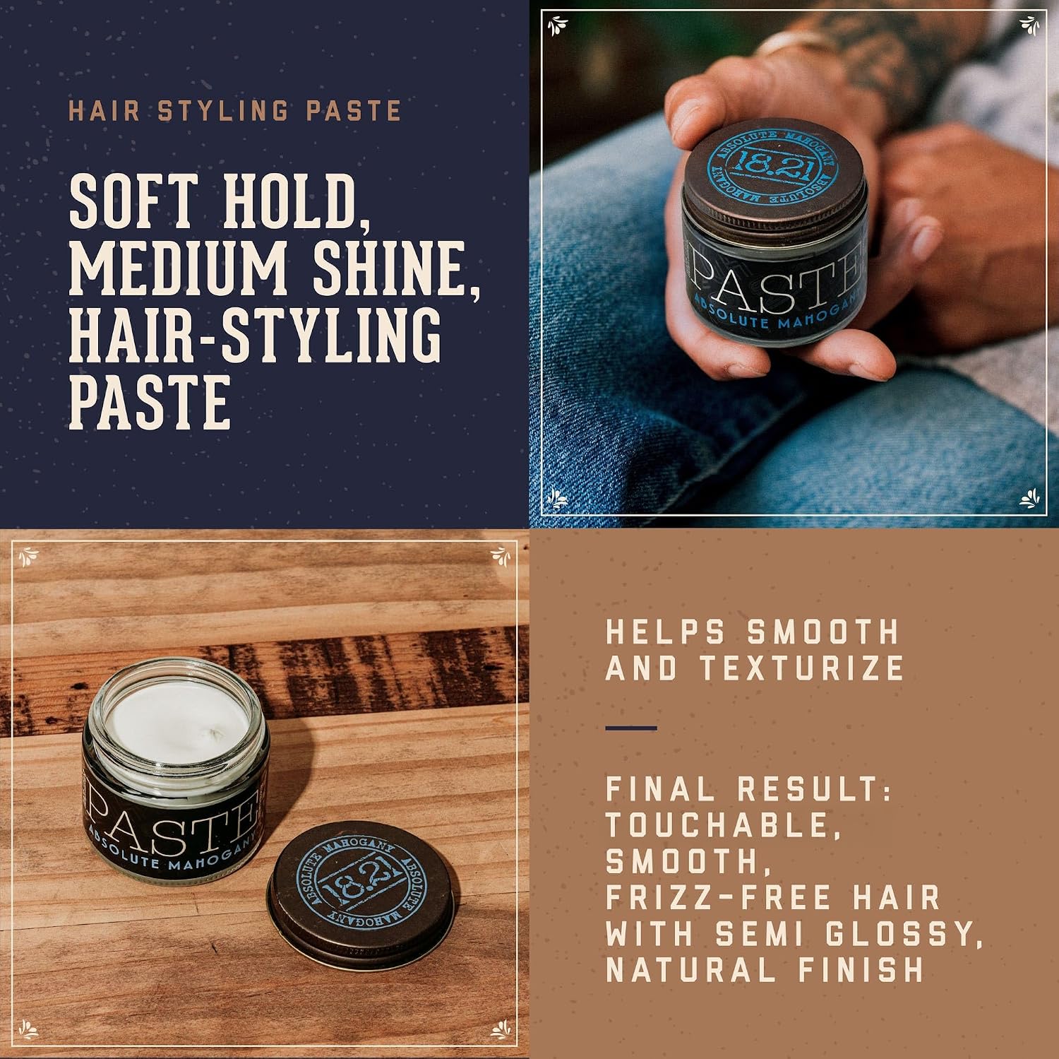 18.21 Man Made Hair Styling Product, 2oz. Absolute Mahogany Scent in Paste with Natural Shine Finish - Image 2