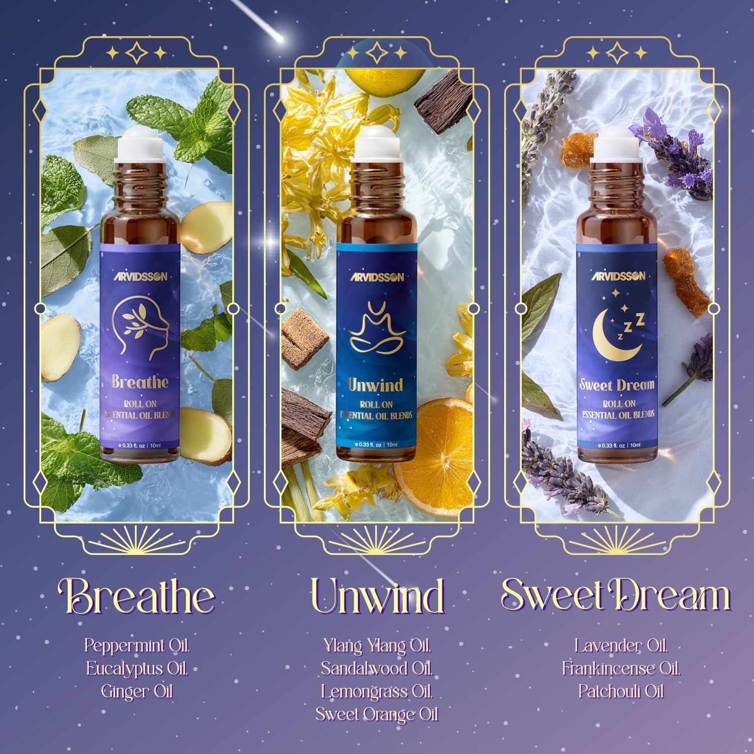 ARVIDSSON Essential Oils Roll On Set, Natural Self Care Essential Oil Blends Gift for Women - Sweet Dream, Unwind, Breahte, Balance, Focus, Happy, Aromatherapy Oil Roller for Body, Massage - Image 3