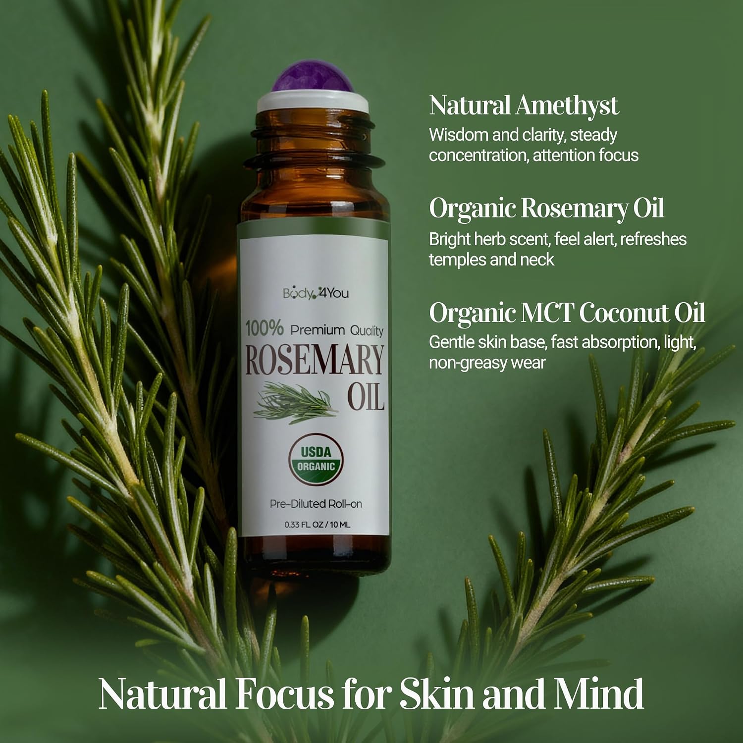 Rosemary Essential Oil Roll On for Hair Growth Scalp Massage Care - 100% Pure USDA Organic MCT Coconut Oil - Eyebrow Beard Growth Hairline Roots Mental Clarity Focus - Gemstone Roller 10ml Travel Size - Image 6
