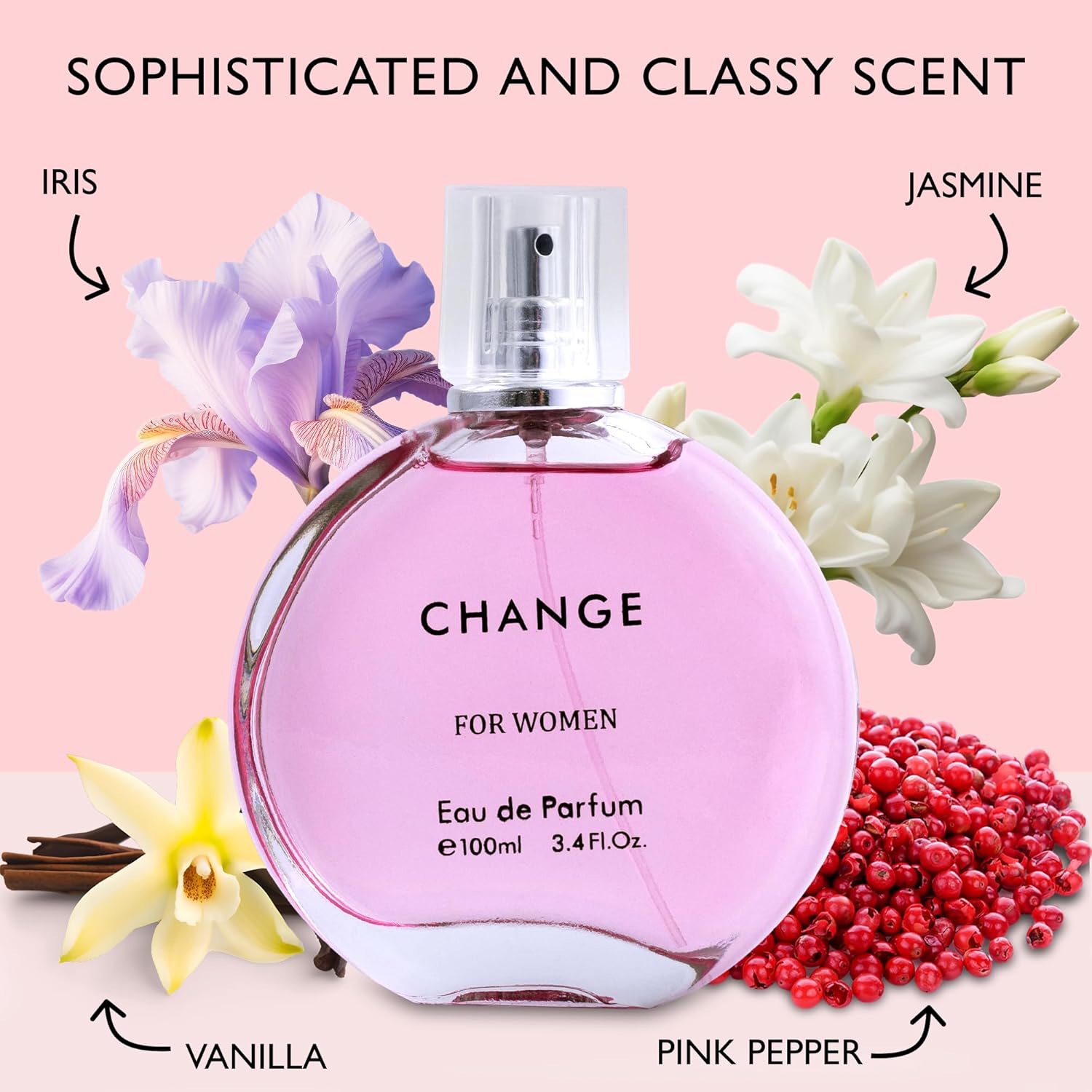 Change Eau De Parfum for Women - Spicy pink pepper on Top Pairing Floral Heart Notes of Jasmine & Iris - Suitable for Casual Wear - Mild & Paraben Free - Elegant 100ml Bottle Packaged in a Box - Image 2