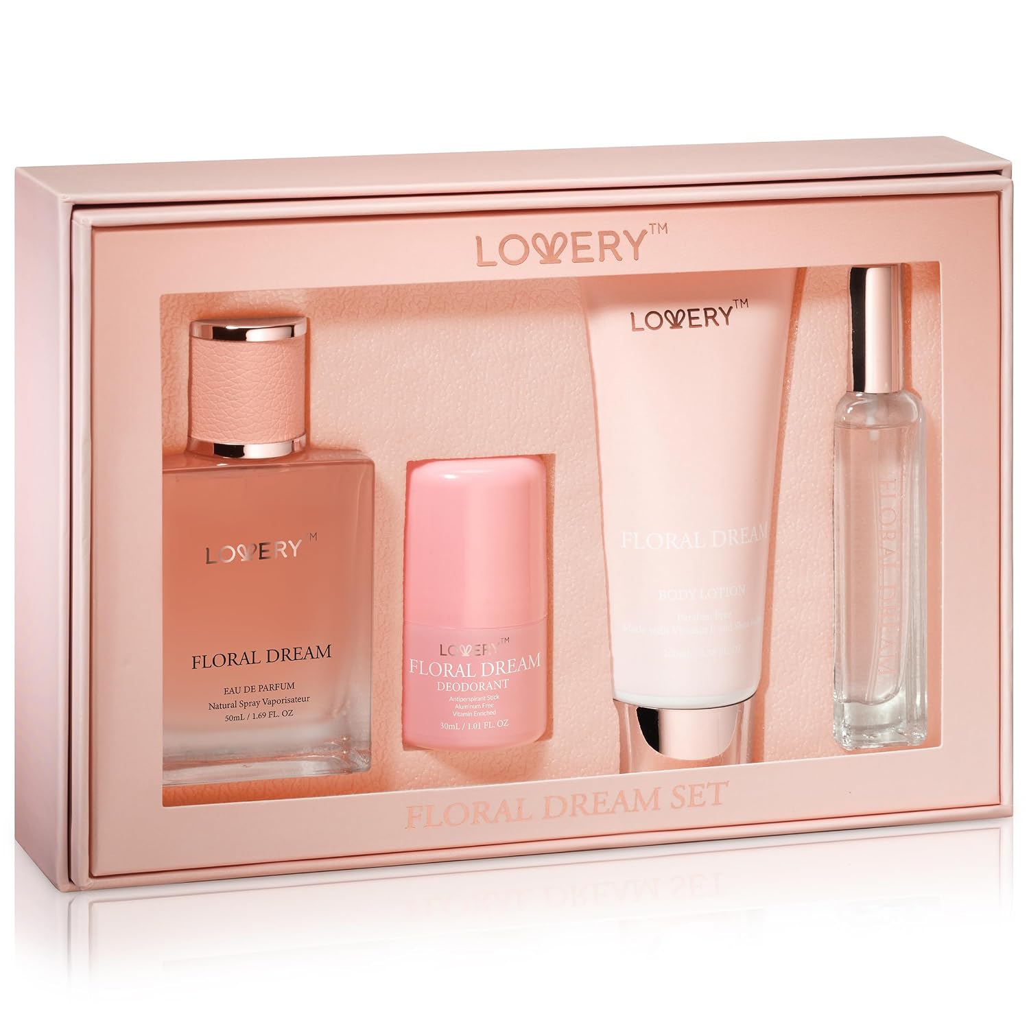 Gift for Women, Floral Dream 4 in 1 Womens Perfume & Deodorant Set - 4pc Pink Eau de Parfum Fragrance Sets - Perfumes for Women Gift Set with Non Toxic Antiperspirant Stick, Body Lotion & Mini Perfume - Image 4