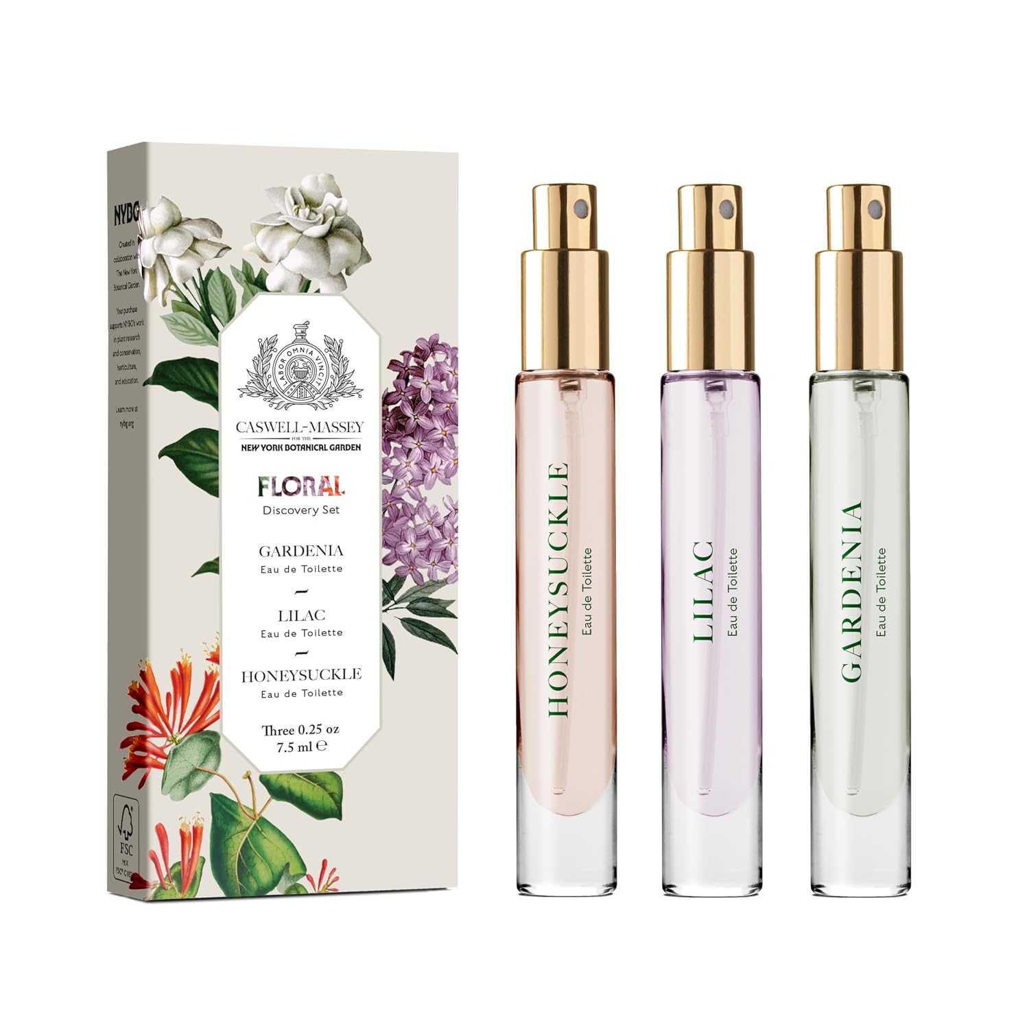 Caswell-Massey Floral Discovery Set – Includes Gardenia, Lilac & Honeysuckle – Travel Size Perfume for Women, Elegant Floral Scents – Botanical Perfume Gift Set – Made in USA, 0.25 Fl Oz Each