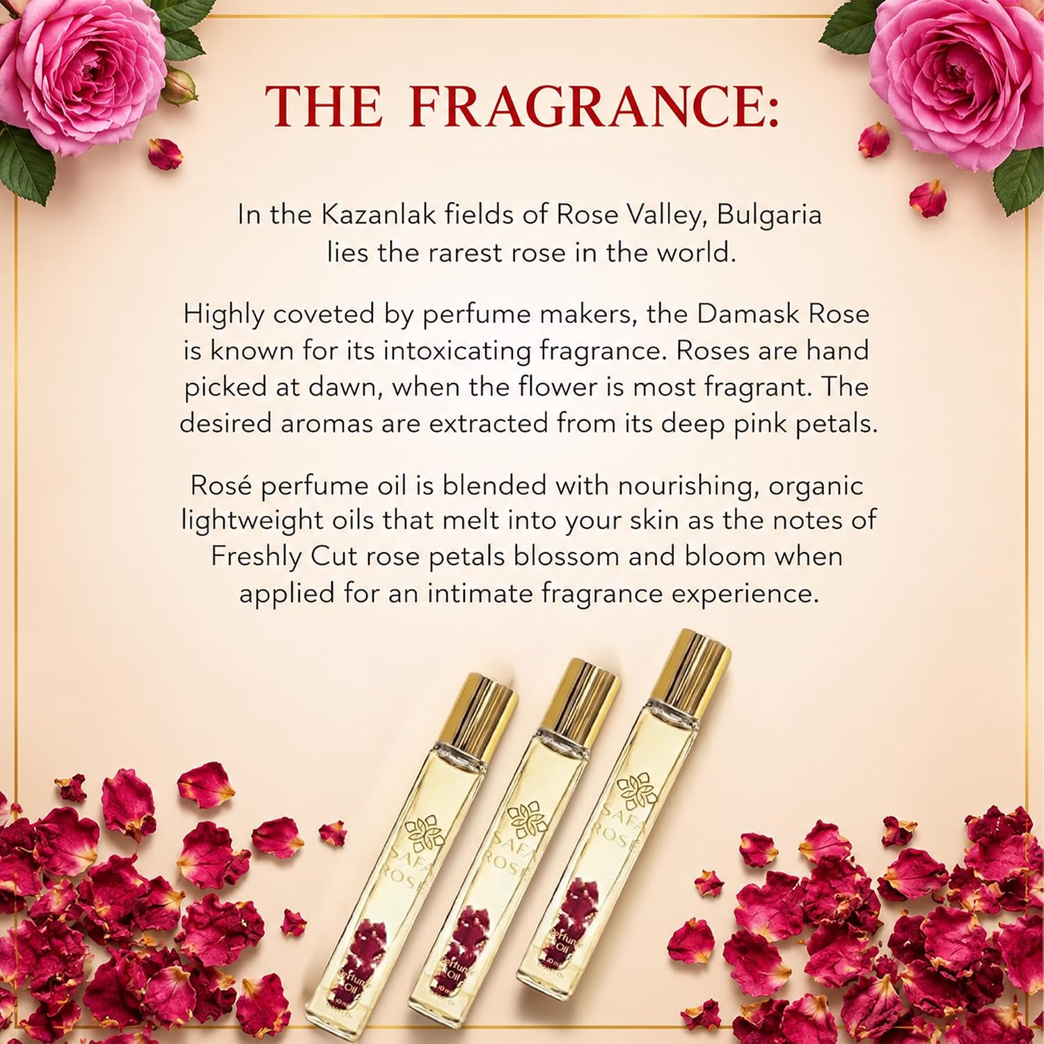 SAFA Rosé Organic Rose Oil Perfume Roller | Bulgarian Damask & Indian Rose Petals | 10 mL Long Lasting Perfume Oil for Women & Men | Non-Toxic, Alcohol-Free & Travel Friendly - Image 2