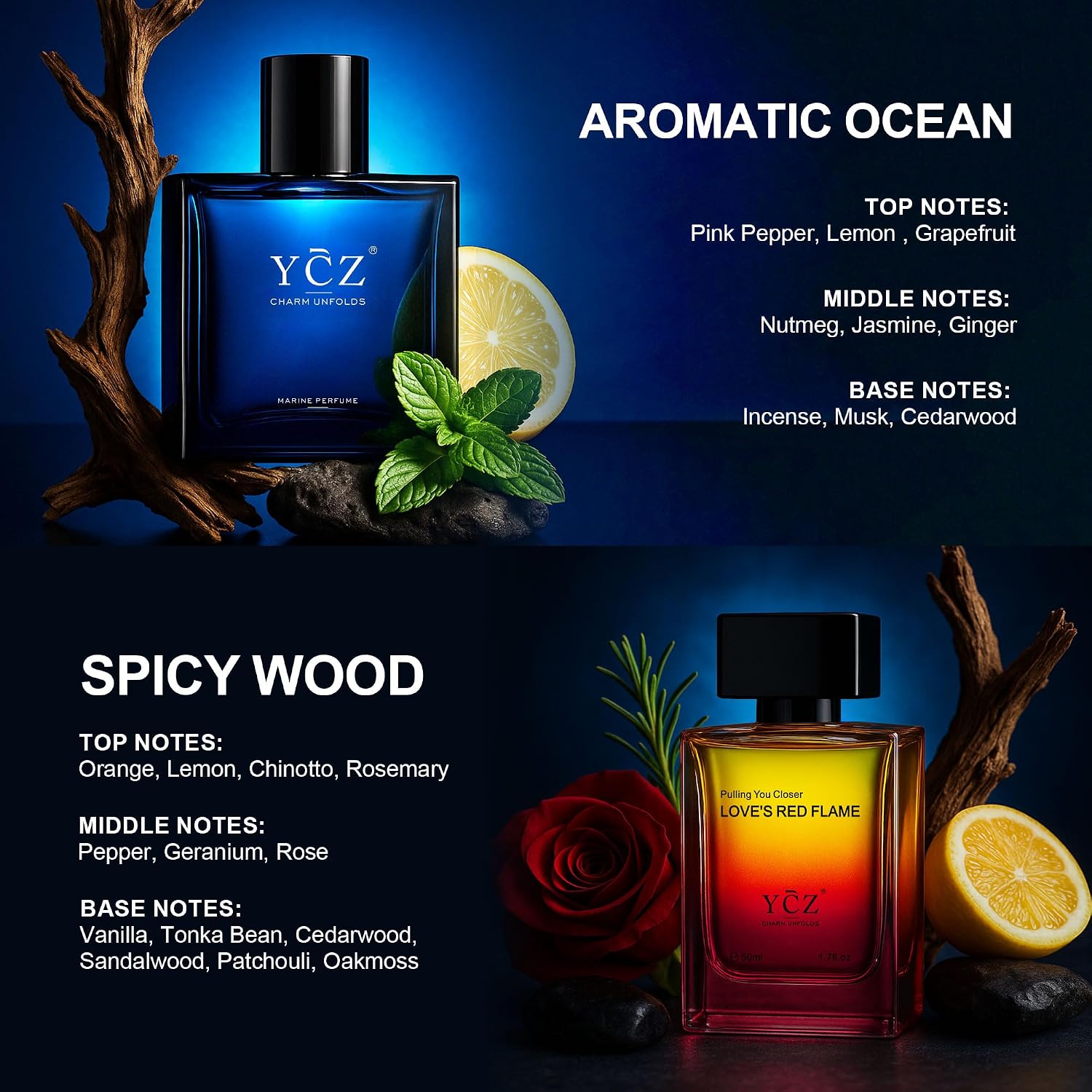Ycz Men's Cologne Set, Marine & Borrowing Fire Fragrance Collection, 1.7 Fl Oz (50ml) Eau de Parfum, Long Lasting Oriental Woody Fragrance with Orange Notes, Men's Cologne Gift Set - Image 5