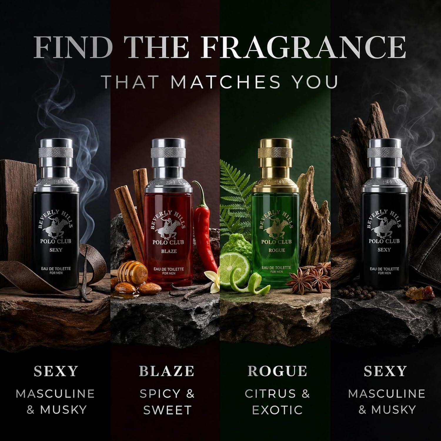 Beverly Hills Polo Club Men's Fragrance Collection - 4 Premium Eau de Toilette Colognes (1oz Each) - Diverse, Long-Lasting Scents: Blaze, Sexy, Rogue & Sexy - Ideal Gift Set for Him - Image 2