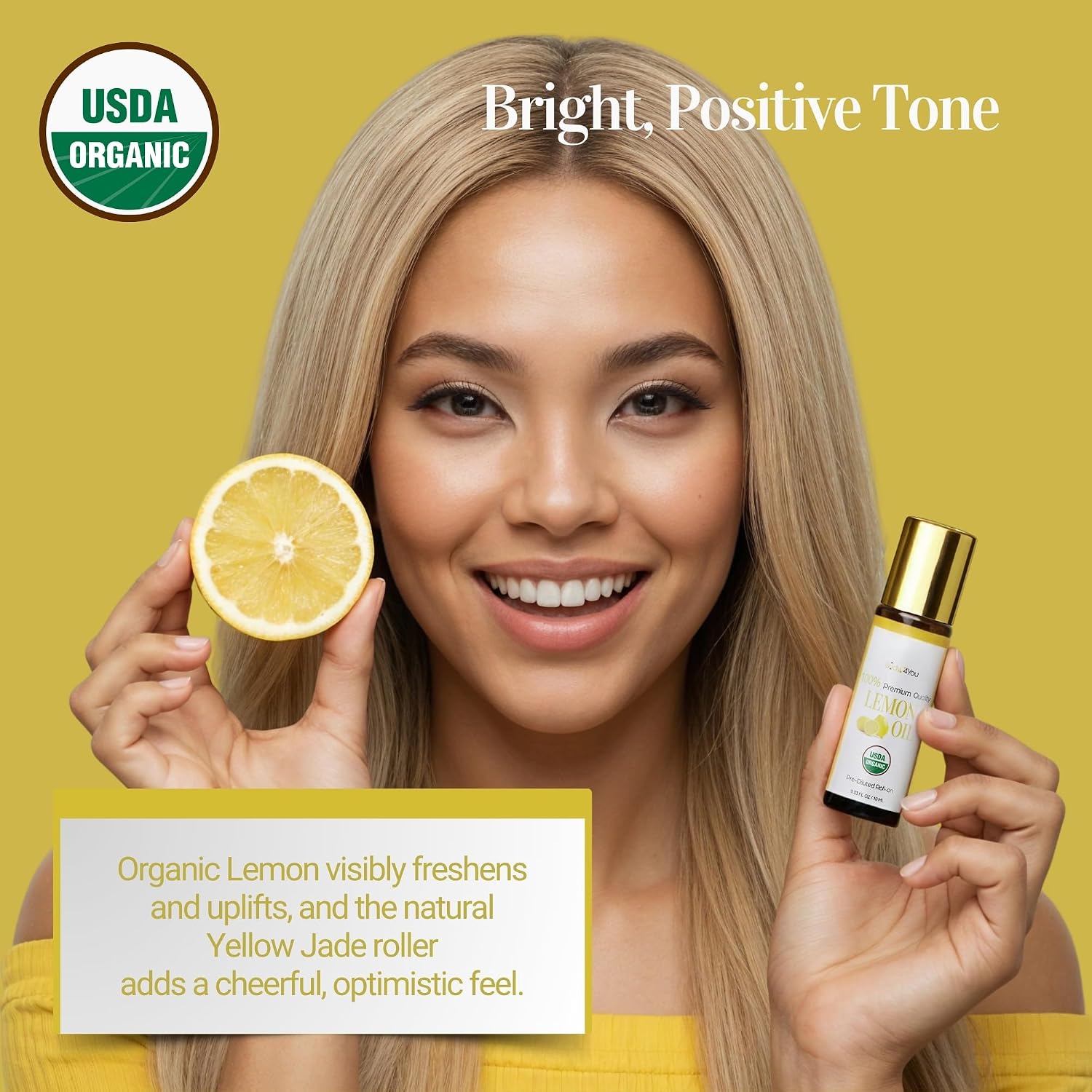Lemon Essential Oil Roll On for Energy Mood Uplift Anxiety Relief - 100% Pure USDA Organic MCT Coconut Oil - Mental Clarity Focus Positivity Citrus Scent Perfume - Gemstone Roller 10ml Travel Size - Image 3