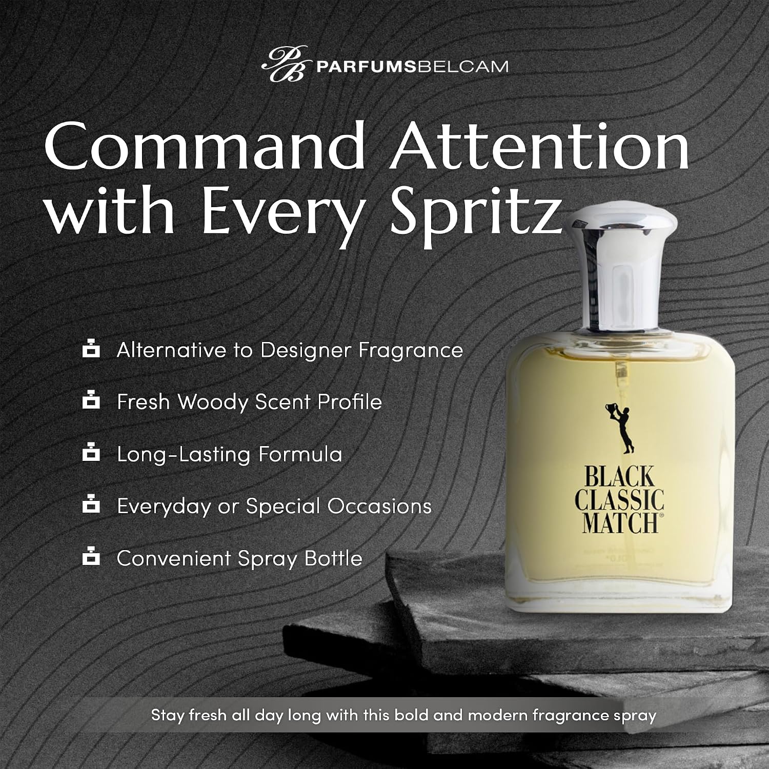 PB ParfumsBelcam Black Classic Match Eau De Toilette Spray for Men – 2.5 Fl. Oz Affordable, Long-Lasting Fresh Woody Fragrance with Leafy Green, Citrus, Sandalwood & Patchouli for Day & Night Use - Image 3