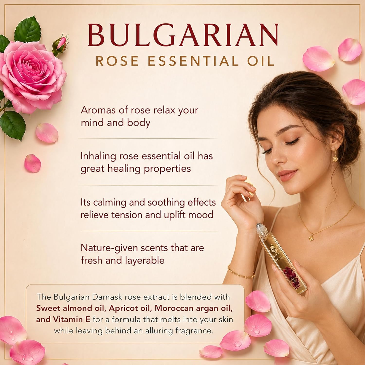 SAFA Rosé Organic Rose Oil Perfume Roller | Bulgarian Damask & Indian Rose Petals | 10 mL Long Lasting Perfume Oil for Women & Men | Non-Toxic, Alcohol-Free & Travel Friendly - Image 4
