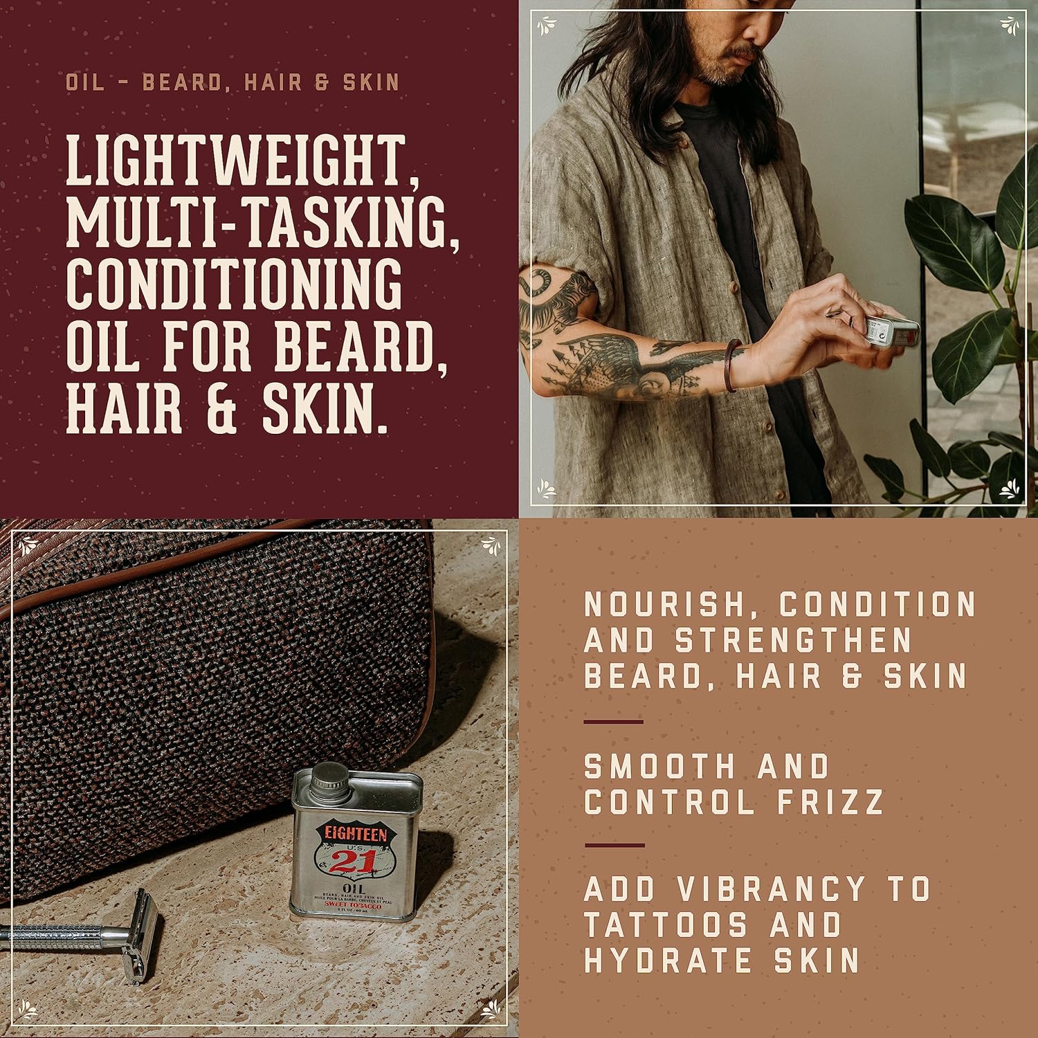 18.21 Man Made Hair, Skin & Beard Oil for Men, 4 Scents - Non-Greasy, Conditioning Balm with Castor Seed, Jojoba, and Argan Oils - Premium Tattoo and Mustache Care Products - Image 2